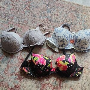 Victoria's Secret Black Floral Push-Up Bra with Pink & Yellow Accents